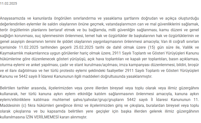 Van'da 15 Günlük Eylem ve Gösteri Yasağı Getirildi