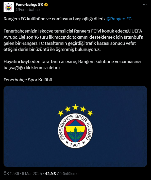 Fenerbahçe Rangers Kulübüne Başsağlığı Diledi