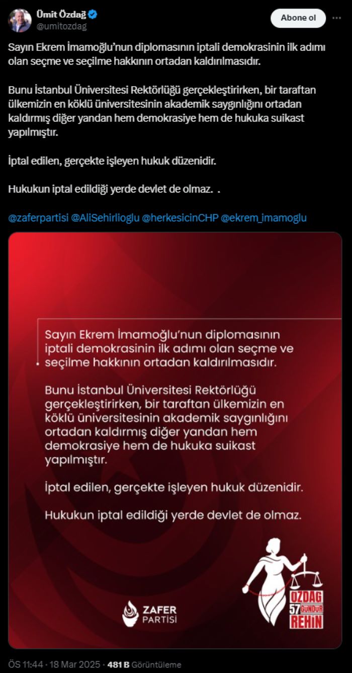 Ümit Özdağ'dan Ekrem İmamoğlu'nun Diploma İptaline Tepki!