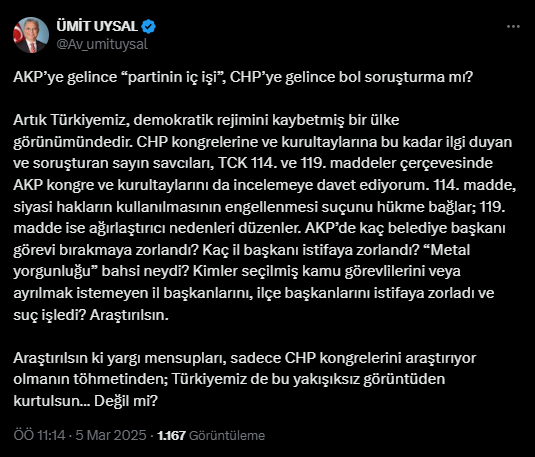 Ümit Uysal Savcıları AKP Kongrelerini İncelemeye Davet Etti