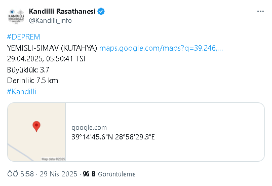 Bu Gece Kütahya’da Üç Deprem