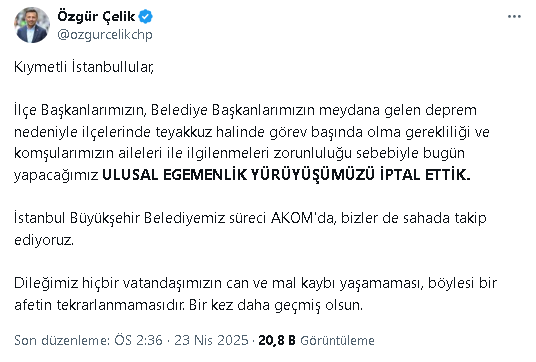 Chpnin Istanbul Yürüyüşü Deprem Nedeniyle Iptal