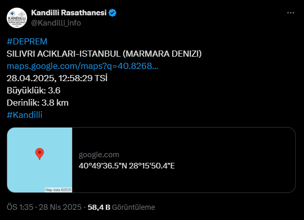 İstanbul Silivri Açıklarında 3.6 Büyüklüğünde Deprem!