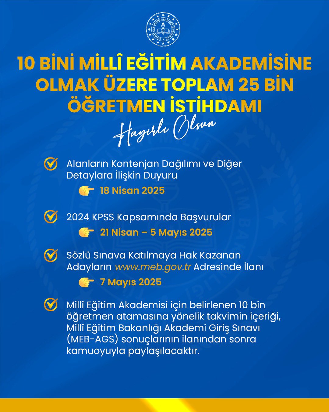 MEB 25 Bin Öğretmen Alımına İlişkin Takvimi Yayınladı