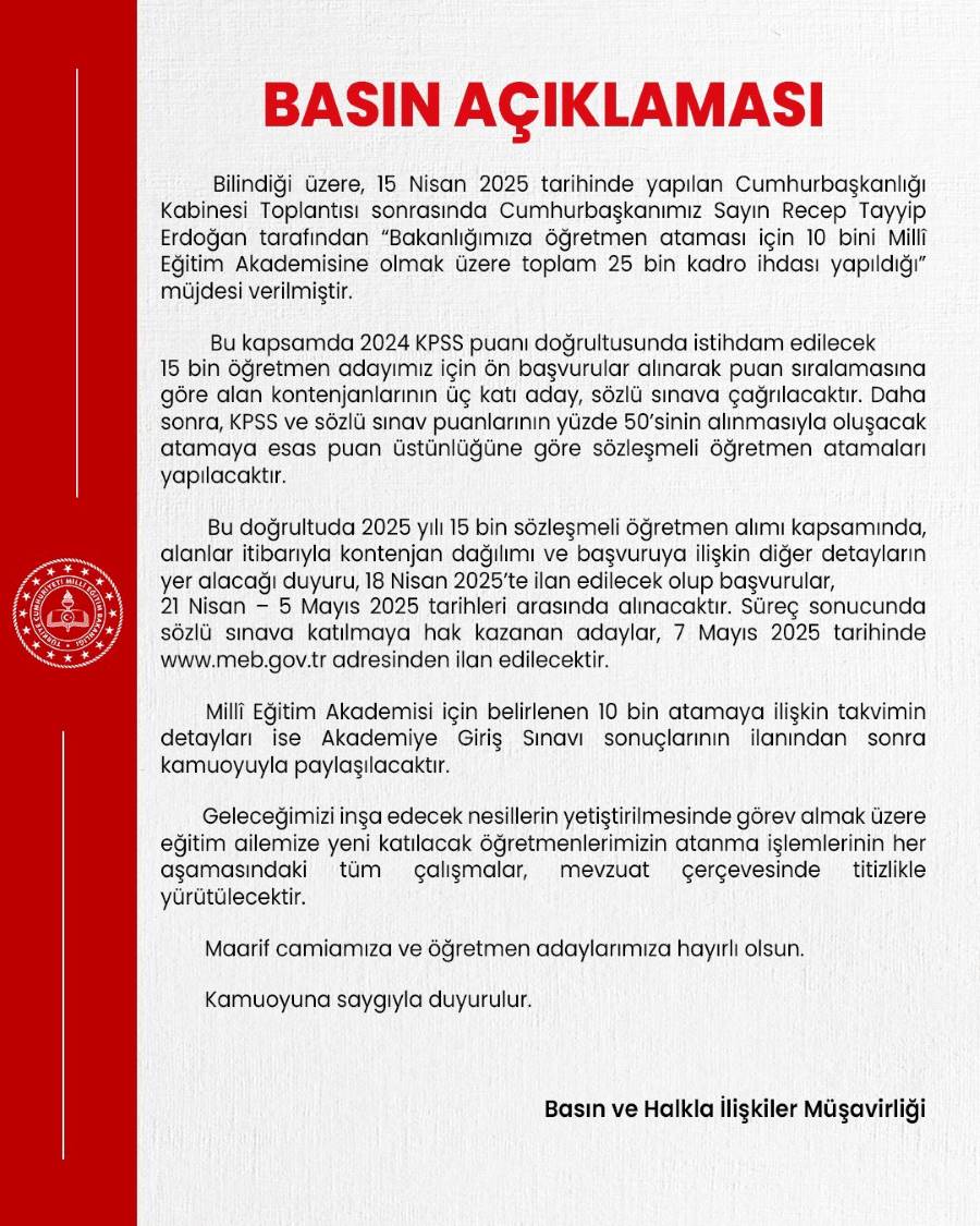 MEB 25 Bin Öğretmen Alımına İlişkin Takvimi Yayınladı
