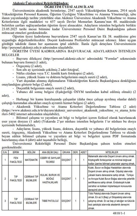Akdeniz Üniversitesi Öğretim Üyesi Alımı Başladı 2