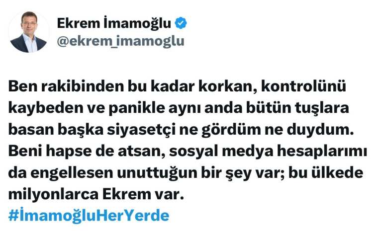 Chp Genel Başkanı Özgür Özel, Tutuklu Bulunan İstanbul Büyükşehir Belediye Başkanı Ekrem İmamoğlu'nun Erişime Kapatılan Sosyal Medya Hesabı Üzerinden Payla ...1