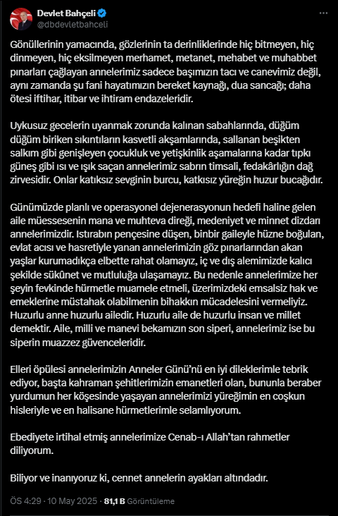 Devlet Bahçeli: “Cennet Annelerin Ayakları Altındadır”