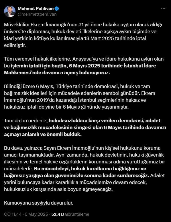 İmamoğlu "Diploma İptali" Kararına Karşı İptal Davası Açtı