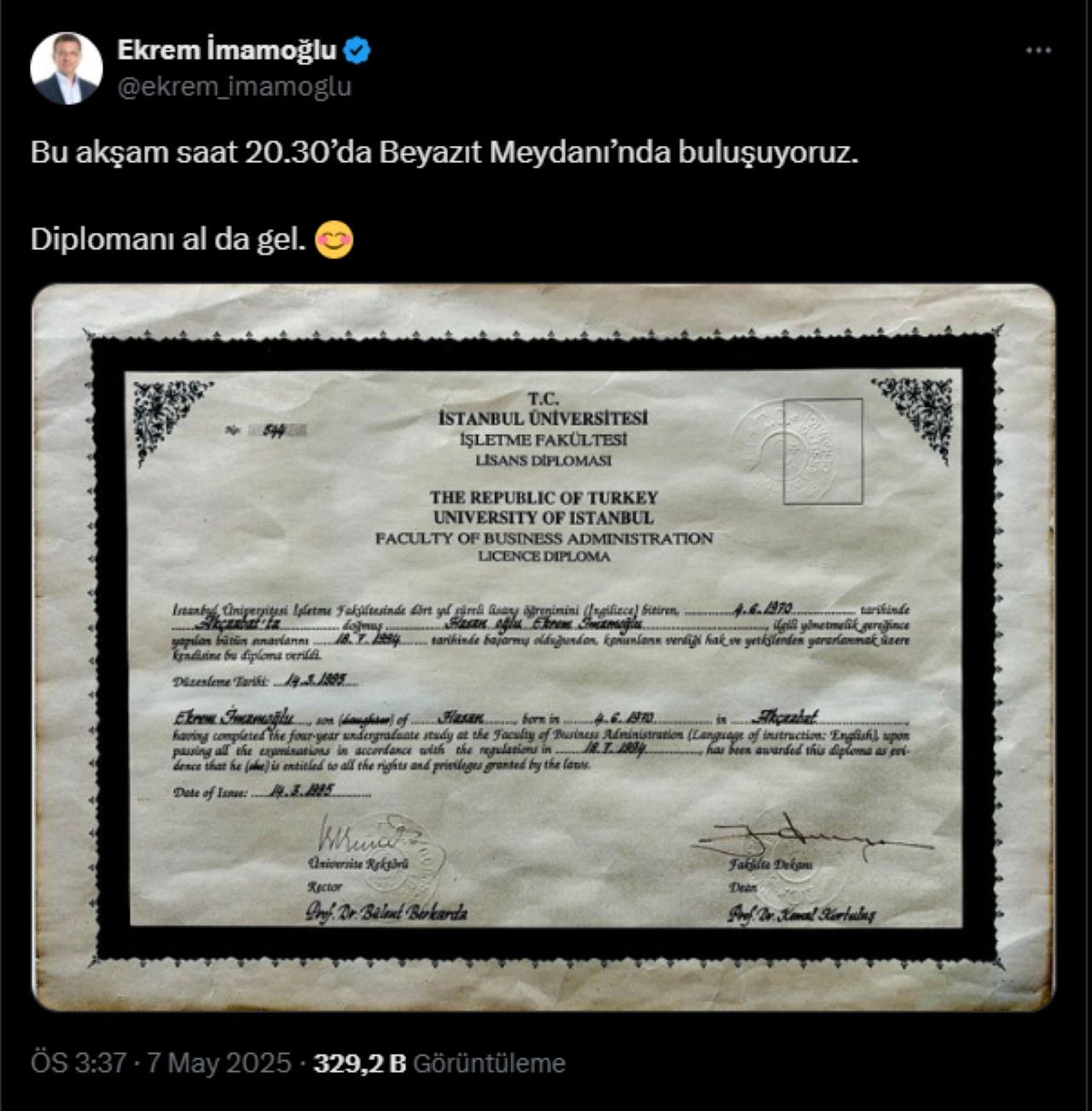 İmamoğlu'ndan Beyazıt Mitingine Çağrı: “Diplomanı Al da Gel"