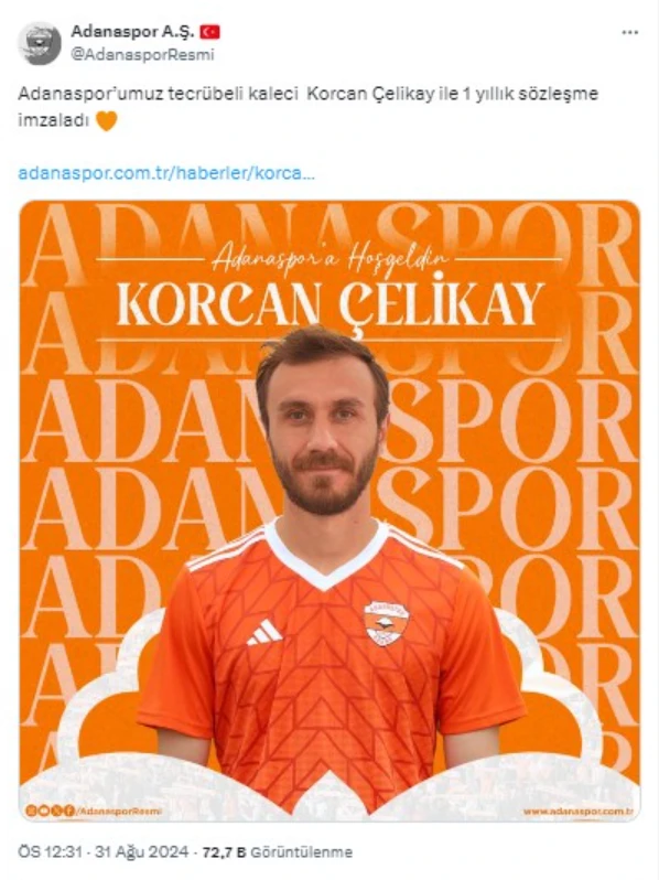 Adanaspor Tecrübeli Kaleci Korcan Çelikay'ı Kadrosuna Kattı