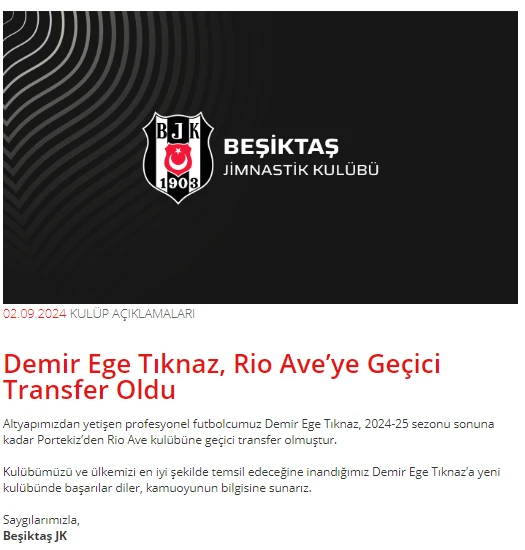 Beşiktaş Genç Yıldız Demir Ege Tıknaz Rio Ave'ye Kiralandı