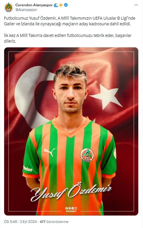 Alanyaspor'da Yusuf Özdemir A Milli Takım'a İlk Kez Davet Edildi