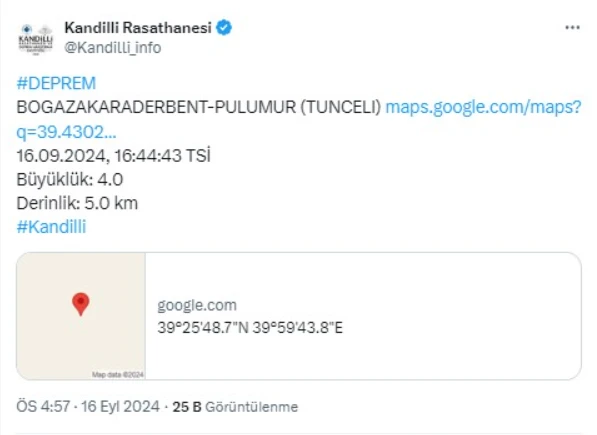 Kandilli Açıkladı: Tunceli'de Deprem Oldu!