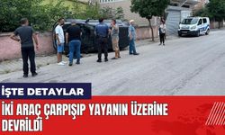 Adana'da iki araç çarpışıp yayanın üzerine devrildi